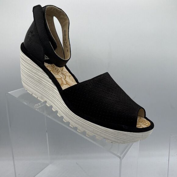 Fly London Women’s Yake Perforated Black Leather Sandals Wedge Heels EU39 US8.5 - Picture 1 of 13